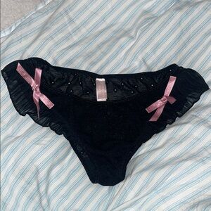 Victoria's Secret Black Lace with Chiffon and Pink Bows Panties Size M
